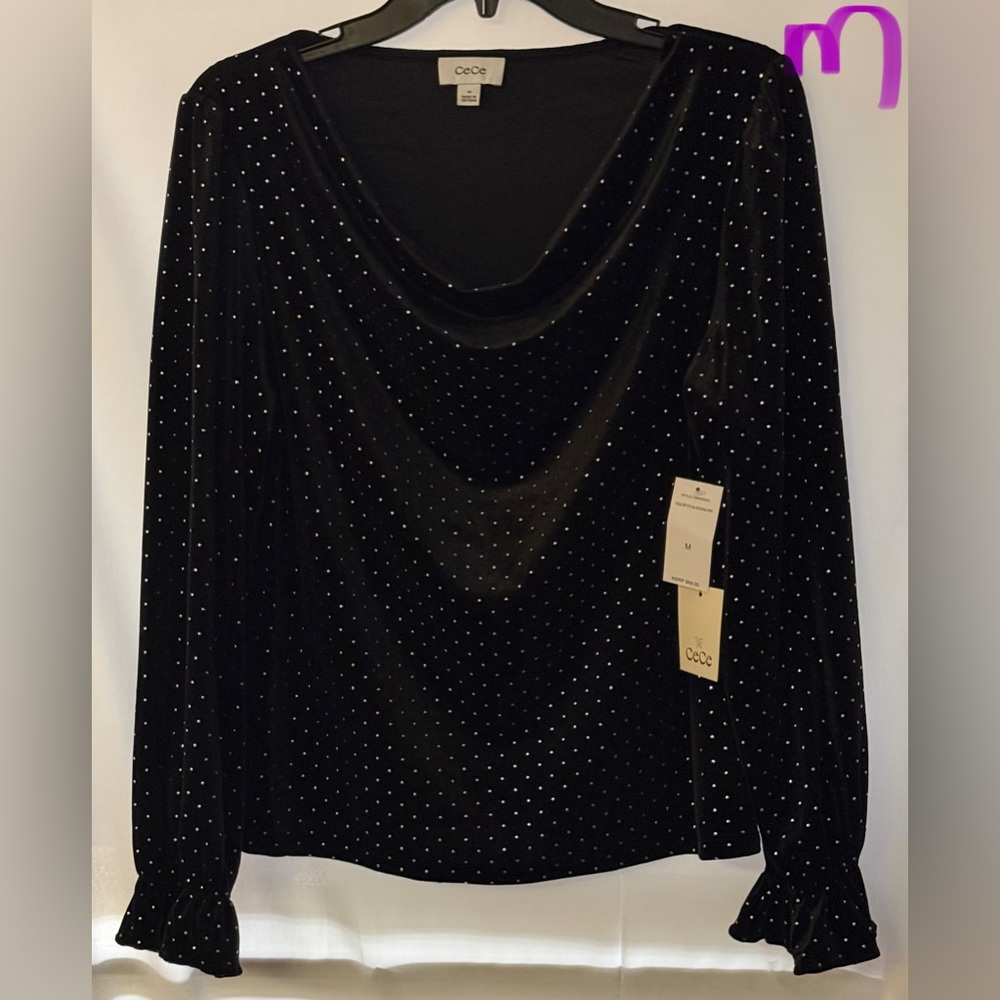 CeCe Black Velvet Blouse with Metallic Dots